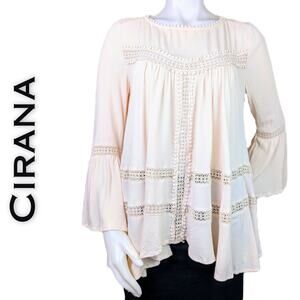 Cirana Boho Blouse Top Small Blush Pink Tiered Flowing Peasant Crochet Insets